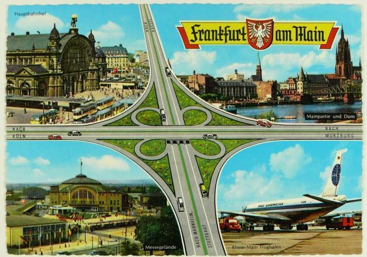 Ansichtskarte, um 1965, HMF Ansichtskarte des Frankfurter Kreuzes, in den Bildecken der Hauptbahnhof, Anischt des Mainufers, die Messehalle, der Flughafen