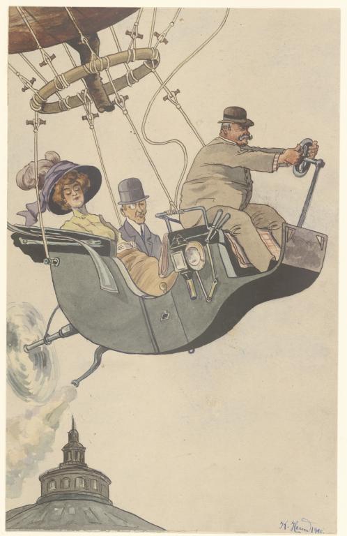 Karikatur einer Kutsche ohne Räder, die an einem Ballon über der Paulskirche fliegt. Aquarell HMF um 1910