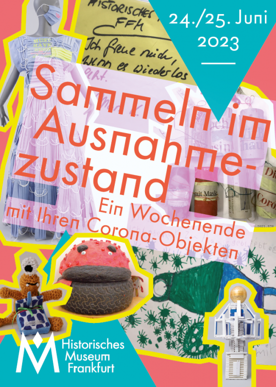 Ausstellungsflyer: eine Collage aus Objektfotos, sehr bunt und poppig mit einer Art Klebeband umrissen