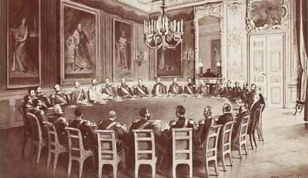 Das Gemälde zeigt eine Sitzung des deutschen Fürstentages.