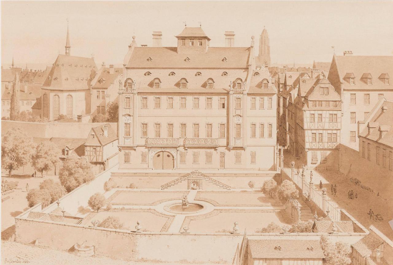 Die Zeichnung von Reiffenstein zeigt ein Haus und einen Garten in der Frankfurter Hasengasse
