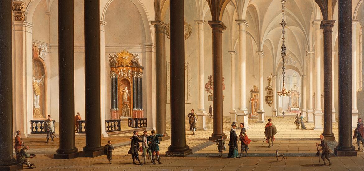 Das fotografierte Gemälde zeigt den Innenraum einer gotischen Kirche, mit hohen Säulen und mehreren Personen.
