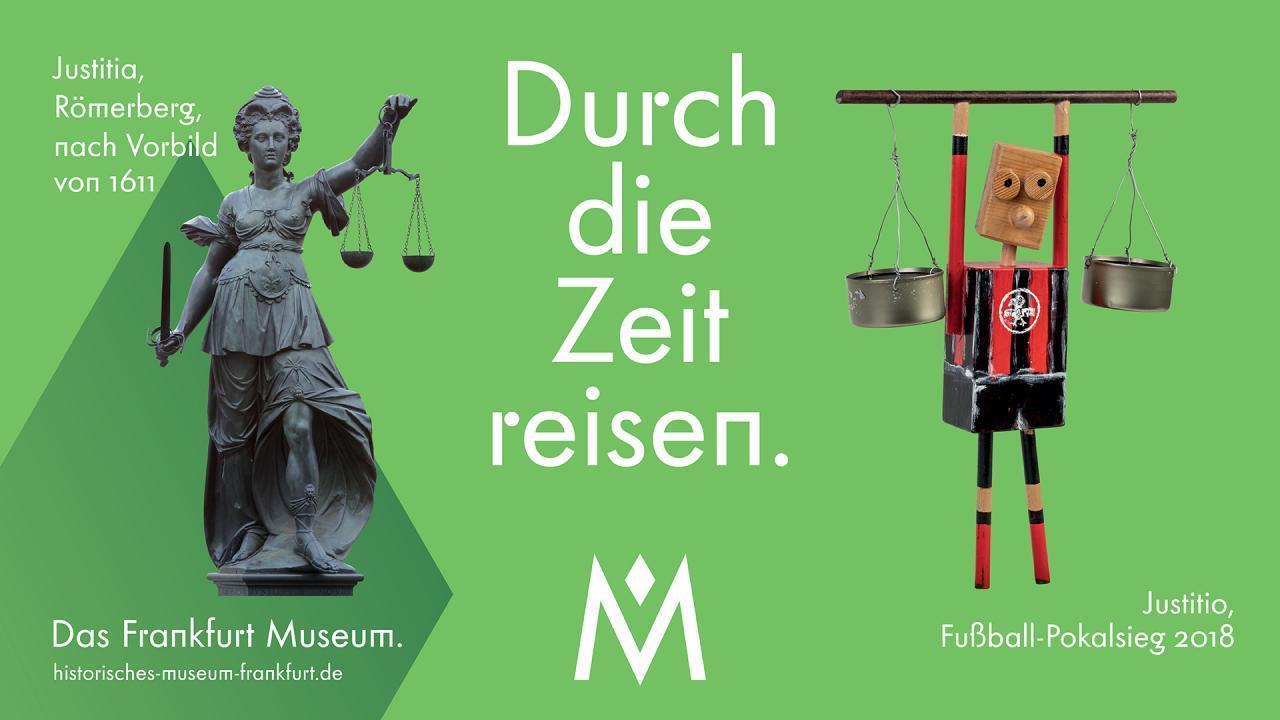 Justitia und Justitio. Motive der neuen Kampagne Durch die Zeit reisen 