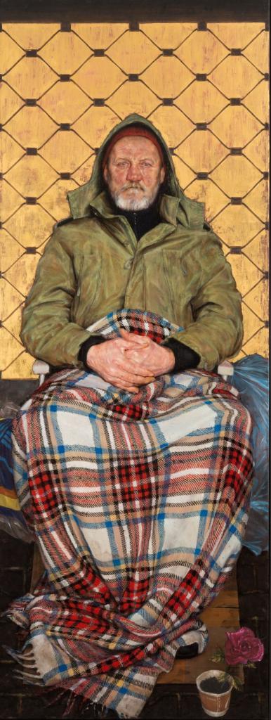 Das Gemälde von Thomas Ganter zeigt die Frontalansicht eines sitzenden Mannes, der seine Hände auf einer karierten Decke im Schoss liegen hat
