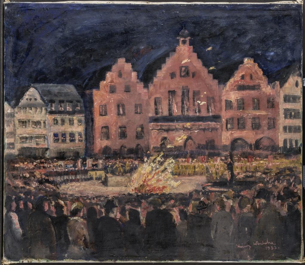 Das Ölgemälde zeigt die Bücherverbrennung auf dem Römerberg am 10.05.1933