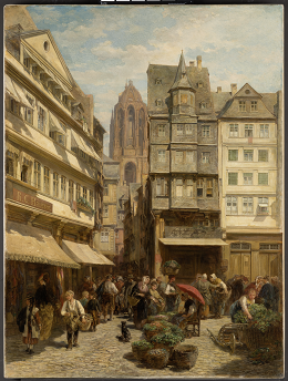 Die Ölmalerei auf Leinwand, gemalt von Anton Burger in Frankfurt um 1873, zeigt den Eingang zum Alten Markt in Frankfurt vom Römerberg aus.