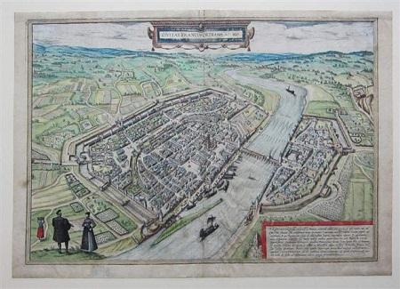 Der kolorierte Radierung von Franz Hogenberg und Georg Braun von 1574 zeigt einen Stadtplan von Frankfurt aus der Vogelschau.