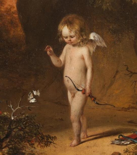Ein Gemälde zeigt einen kleinen Liebesgott mit Flügeln, der einen Schmetterling fängt