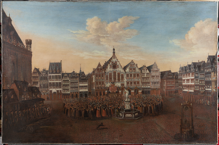 Das Tafelbild von Willem Augustin Minderhout von 1705 zeigt die Huldigung für Kaiser Joseph I. auf dem Römerberg am 26. Oktober 1705.